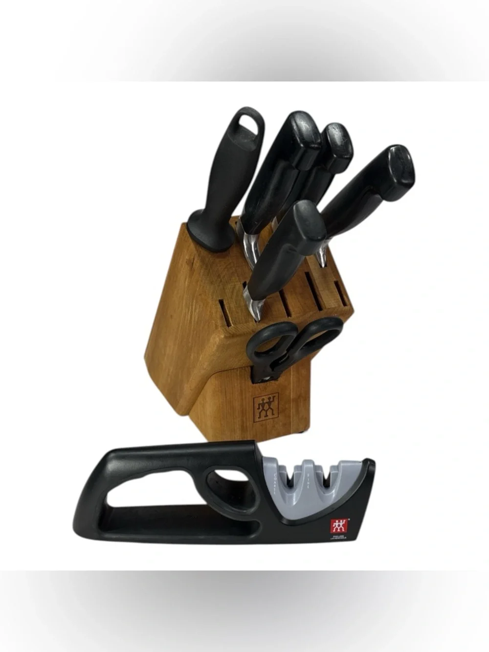 Zwilling J.A. Henckels 7 Pc Knife Block Set Black Handles Sharpener Chef Carver